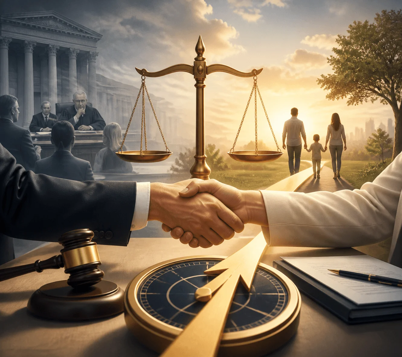 Image representing trial-tested, fair, and expeditious personal injury mediation services in Westlake Village and Southern California. It visually conveys a swift and effective pathway to fair settlement terms, avoiding multi-year courtroom delays for plaintiffs and defense counsel.
