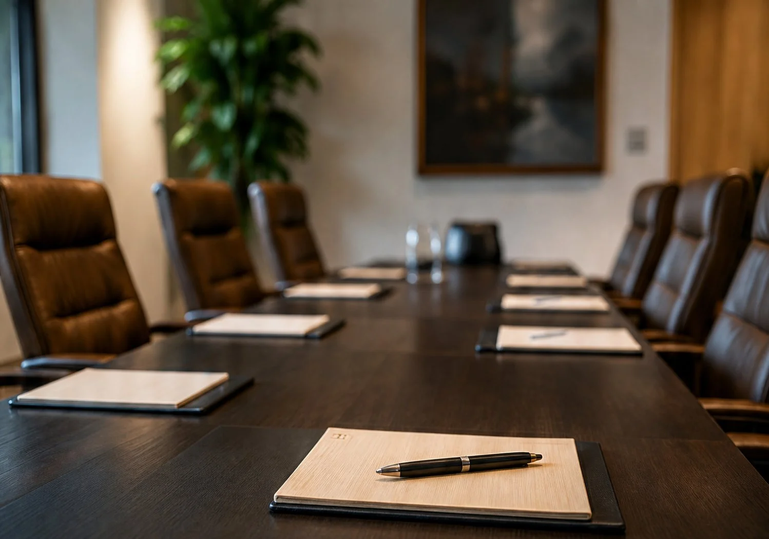A modern executive conference room with a dark wood table and plush leather chairs. Notebooks and pens are laid out for a meeting, with two glasses of water on the table. A large plant and a framed painting add to the sophisticated ambiance of the corporate space.